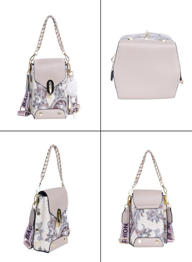 SANTORINI Paisley Mini Luxe Sling Bag for Women | Premium Faux Leather | 2 Compartments | Twist Lock | Bag Charm | Extra Sling Strap (Khaki) - Image 3